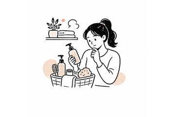 욕실 도구와 세면용품을 살펴보는 사람