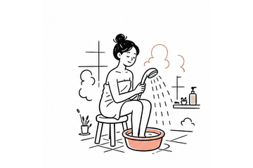 작은 욕실에서 샤워와 족욕을 준비하는 사람